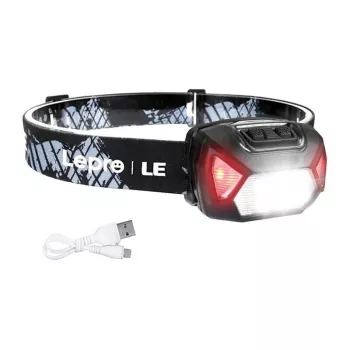 LEPRO 320014 Ładowana przez USB LED Opaska na głowę z reflektorem CREE XPE, światłem COB, czerwonym światłem, wodoodpornością IPX4, 300 lumenów, baterią 1200mAh, regulowanym elastycznym paskiem - Czarna