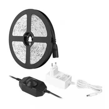 LEPRO PR4100067-DW-EU 5m Ciepła biała taśma LED z regulacją jasności 3000K SMD 2835, 12V 24W 1200lm, klej 3M, ściemniacz w linii, zasilacz w zestawie, IP20