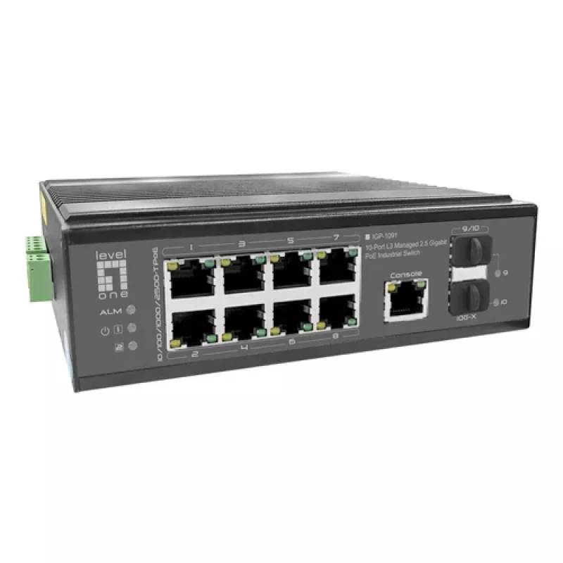 LevelOne Przemysłowy przełącznik PoE+ 8x 2.5G PoE, 2x 1G, 2x 10G SFP+ Uplink, niezarządzalny, DIN-Rail, IP30