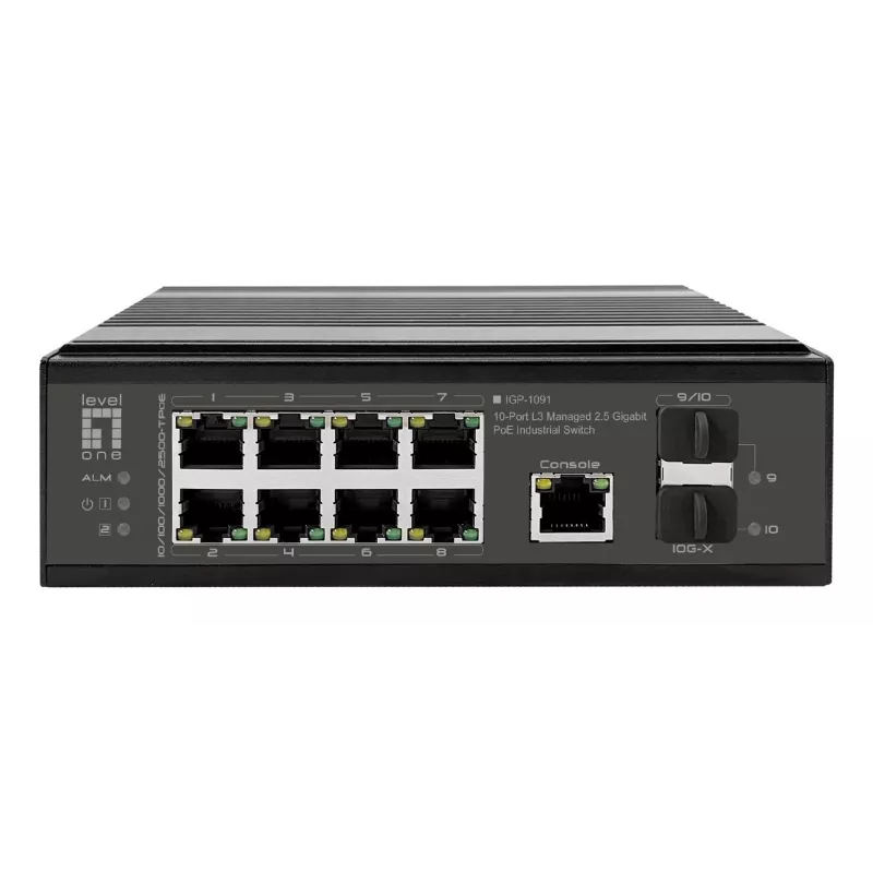 LevelOne Przemysłowy przełącznik PoE+ 8x 2.5G PoE, 2x 1G, 2x 10G SFP+ Uplink, niezarządzalny, DIN-Rail, IP30