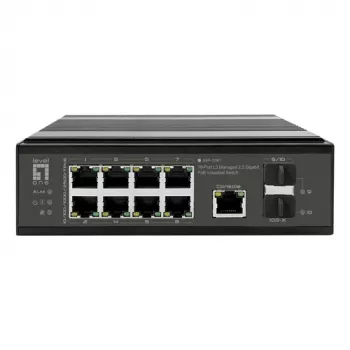 LevelOne Przemysłowy przełącznik PoE+ 8x 2.5G PoE, 2x 1G, 2x 10G SFP+ Uplink, niezarządzalny, DIN-Rail, IP30