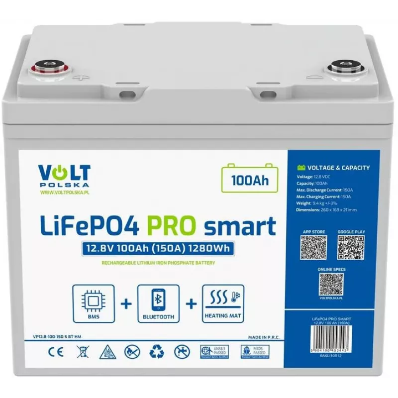 Akumulator LiFePO4 Volt Polska PRO SMART 12.8V 100 Ah (150A) BMS BLUETOOTH + PODGRZEWACZ