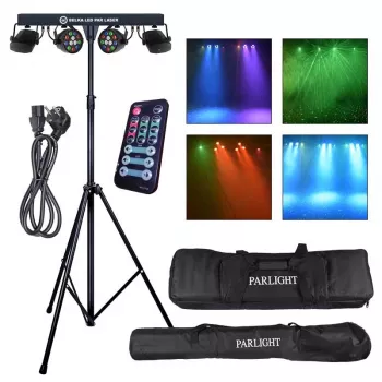 Zestaw oświetleniowy LIGHT4ME LED PAR z laserem - 4x PAR z czerwonym i zielonym laserem, DMX, pilot