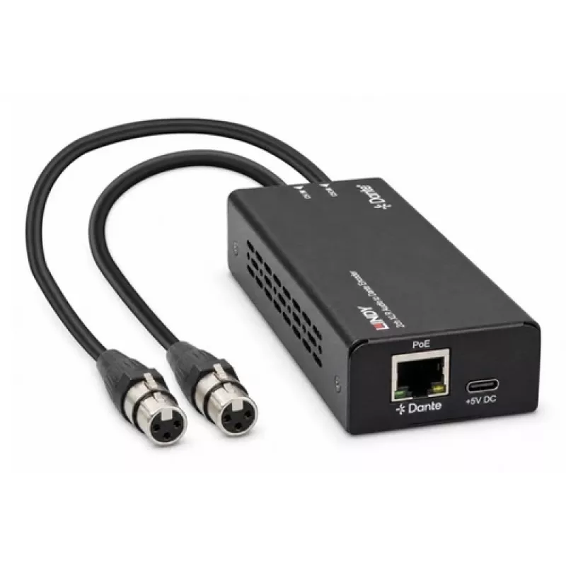 LINDY 2-kanałowy enkoder audio XLR na Dante, PoE, AES67, 24-bit/96kHz 70618