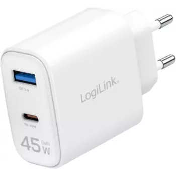 LogiLink 45W GaN Ładowarka Sieciowa USB, 1x USB-C PD, 1x USB-A QC, Biała, Wtyczka Euro (PA0410)