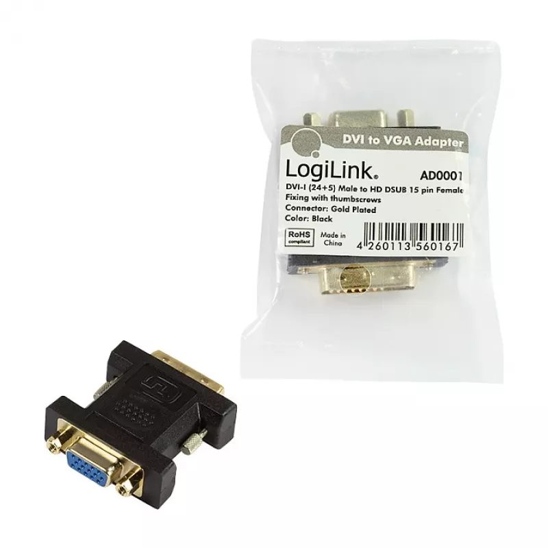 LogiLink AD0001 DVI-I na VGA Adapter, DVI-I Męski na HD15 Żeński, 1080p, Czarny