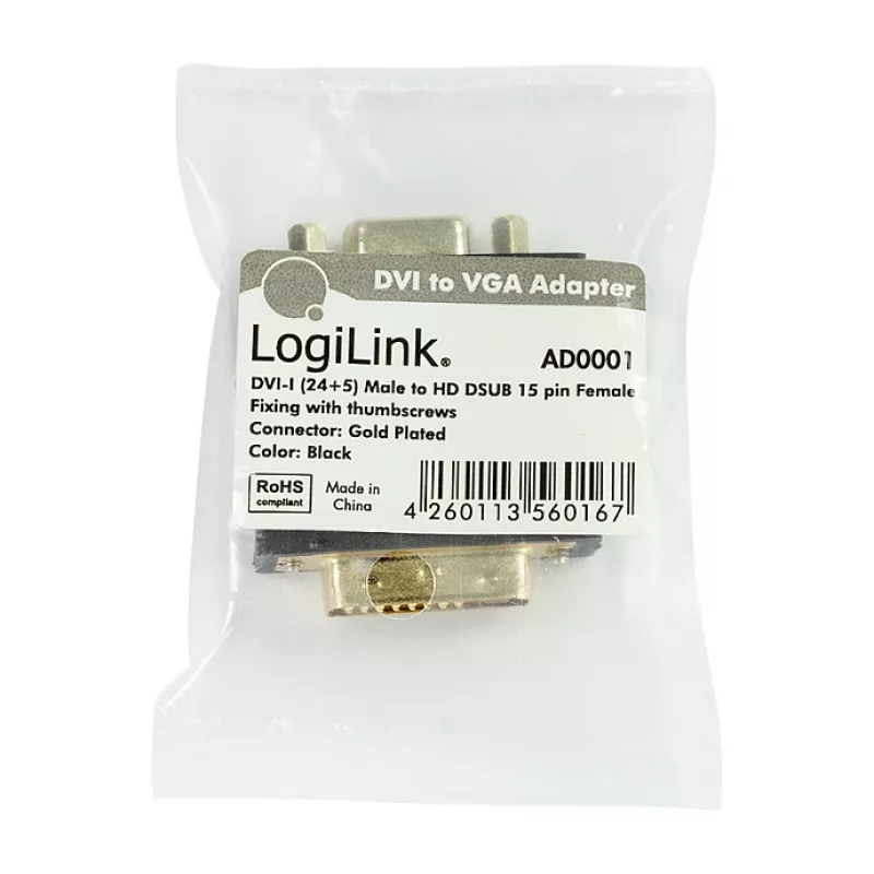 LogiLink AD0001 DVI-I na VGA Adapter, DVI-I Męski na HD15 Żeński, 1080p, Czarny