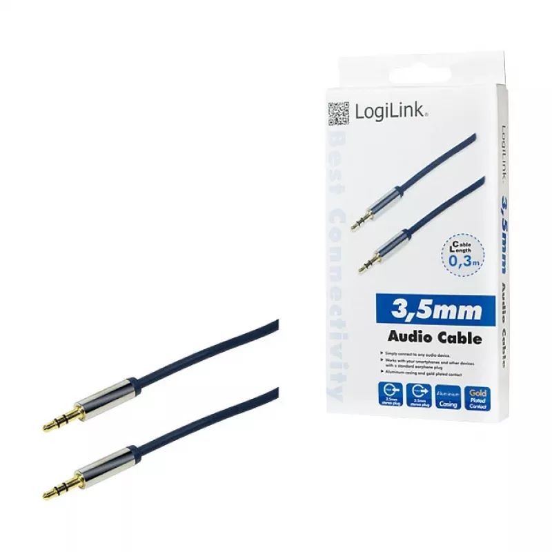 LogiLink CA10030 Premium 3.5mm TRS Męski-Męski Kabel Audio, Metalowe Złącza, Niebieski, 0.3m