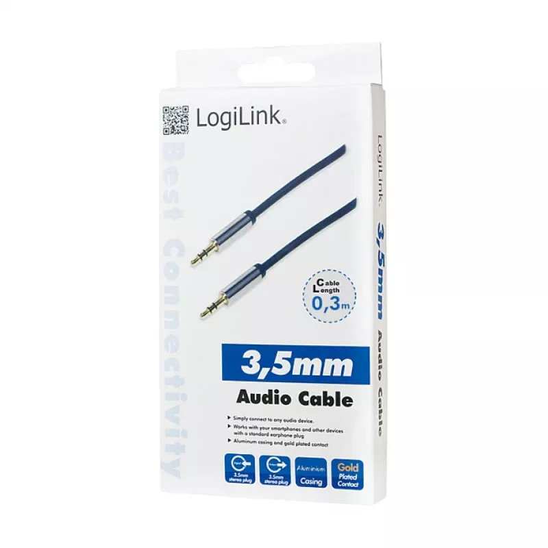 LogiLink CA10030 Premium 3.5mm TRS Męski-Męski Kabel Audio, Metalowe Złącza, Niebieski, 0.3m