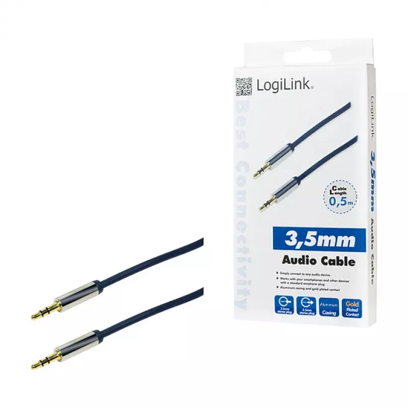 LogiLink CA10050 3.5mm TRS Męski do 3.5mm TRS Męski Stereofoniczny Kabel Audio, Metalowe Wtyki, Niebieski, 0.5m