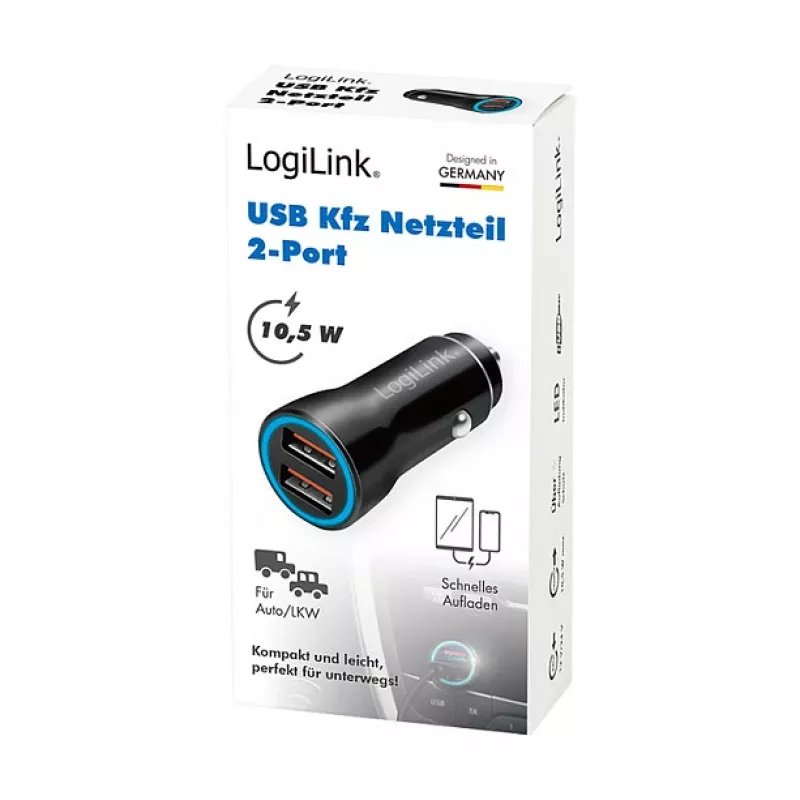 LogiLink PA0285 Ładowarka samochodowa USB 2-portowa 10,5W, podświetlenie LED, czarna
