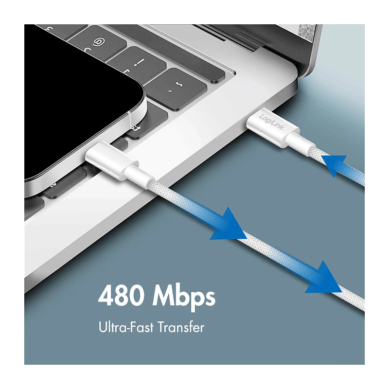 LogiLink CU0320 USB 2.0 kabel Type-C, USB-A do USB-C, 480 Mbps, 60W, pleciony nylon, biały, 0,5 m