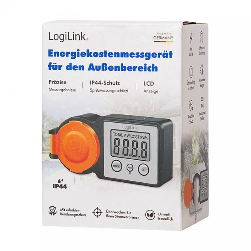 LogiLink Licznik zużycia energii na zewnątrz, IP44 odporny na zachlapanie, 16A, 3680W, Schuko, LCD