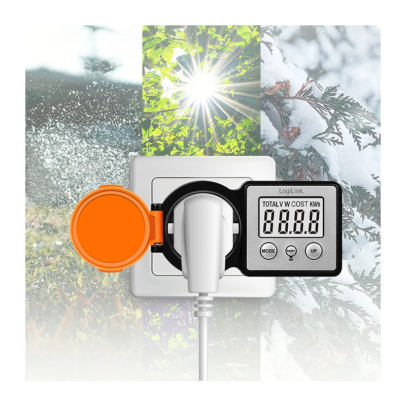 LogiLink Licznik zużycia energii na zewnątrz, IP44 odporny na zachlapanie, 16A, 3680W, Schuko, LCD