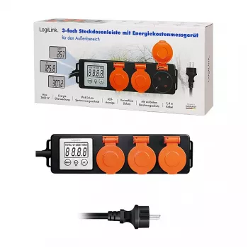 LogiLink Licznik zużycia energii z 3 gniazdami zewnętrznymi, IP44, Schuko, 3680 W