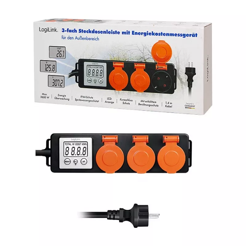 LogiLink Licznik zużycia energii z 3 gniazdami zewnętrznymi, IP44, Schuko, 3680 W