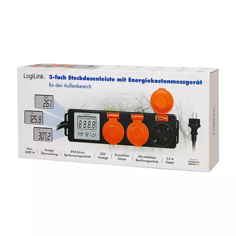 LogiLink Licznik zużycia energii z 3 gniazdami zewnętrznymi, IP44, Schuko, 3680 W