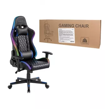 LogiLink EO0076 Fotel Gamingowy z Podświetleniem RGB, Podparciem Lędźwiowym, Czarno-Niebieski