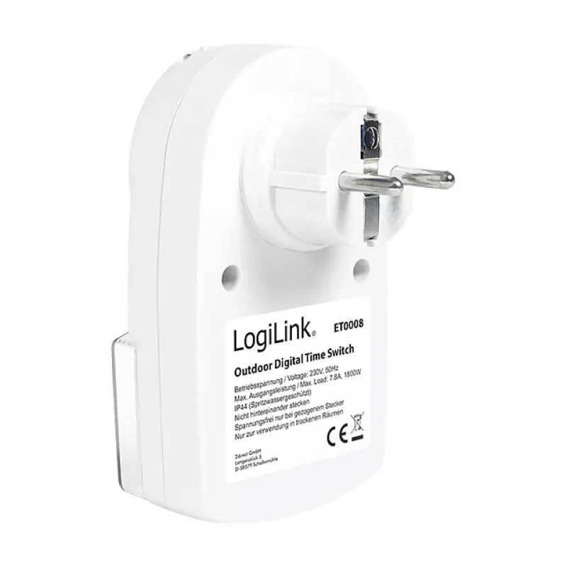 LOGILINK ET0008 Cyfrowy zegar sterujący do użytku zewnętrznego - IP44, 10 programów ON/OFF, 16A/3680W, Schuko (typ F), czarno-szary
