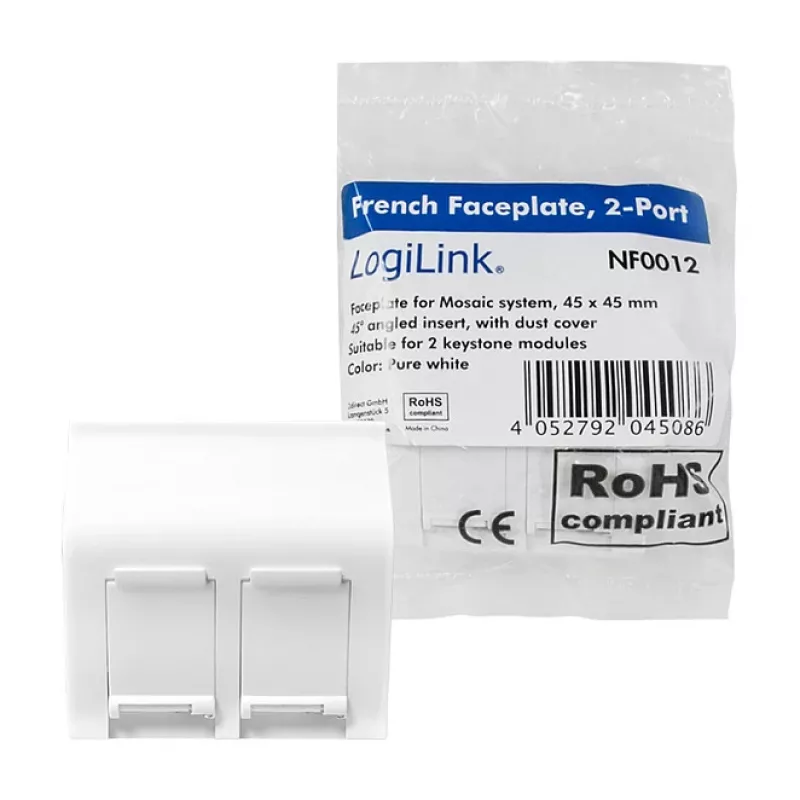 LogiLink ramka francuska 45°, 45x45 mm, 2 porty, biała