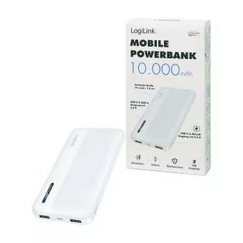 Logilink Mobile Power Bank, LiPo, 10000 mAh, USB-C in/out, Biały
