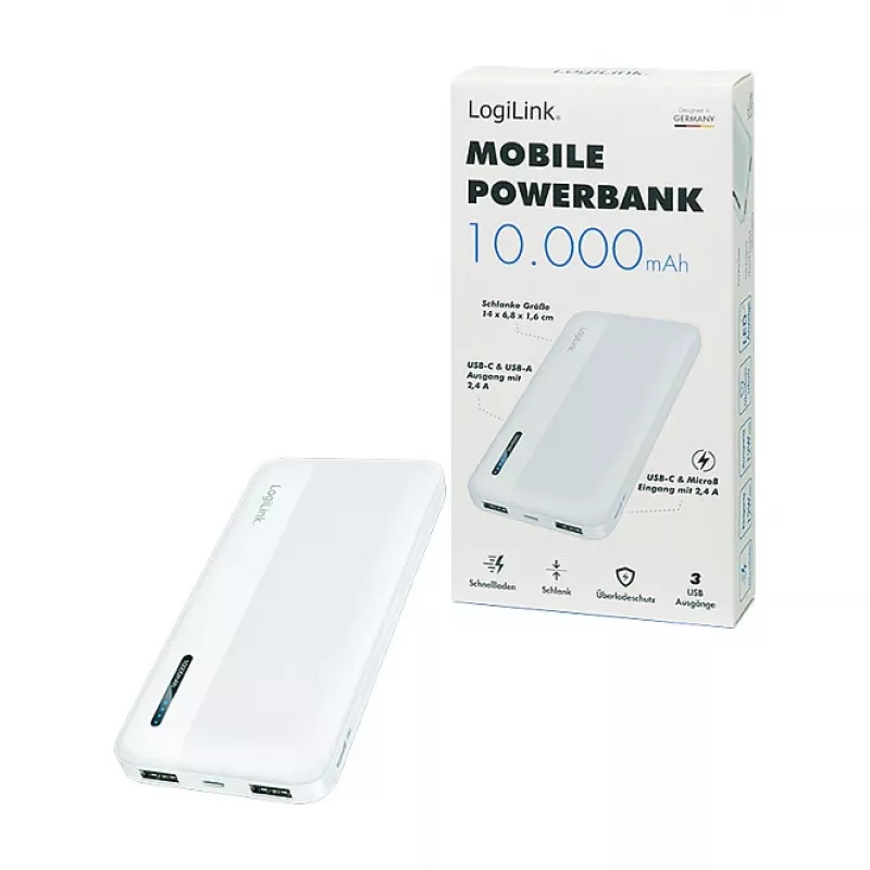 Logilink Mobile Power Bank, LiPo, 10000 mAh, USB-C in/out, Biały
