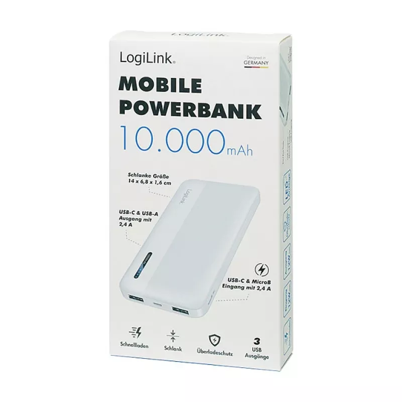 Logilink Mobile Power Bank, LiPo, 10000 mAh, USB-C in/out, Biały