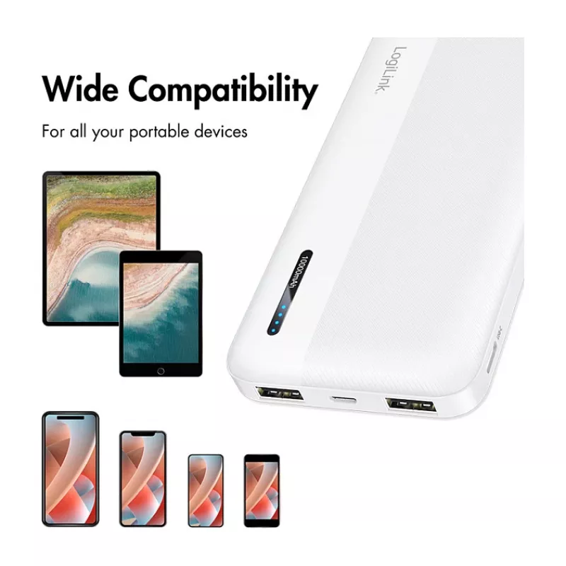 Logilink Mobile Power Bank, LiPo, 10000 mAh, USB-C in/out, Biały