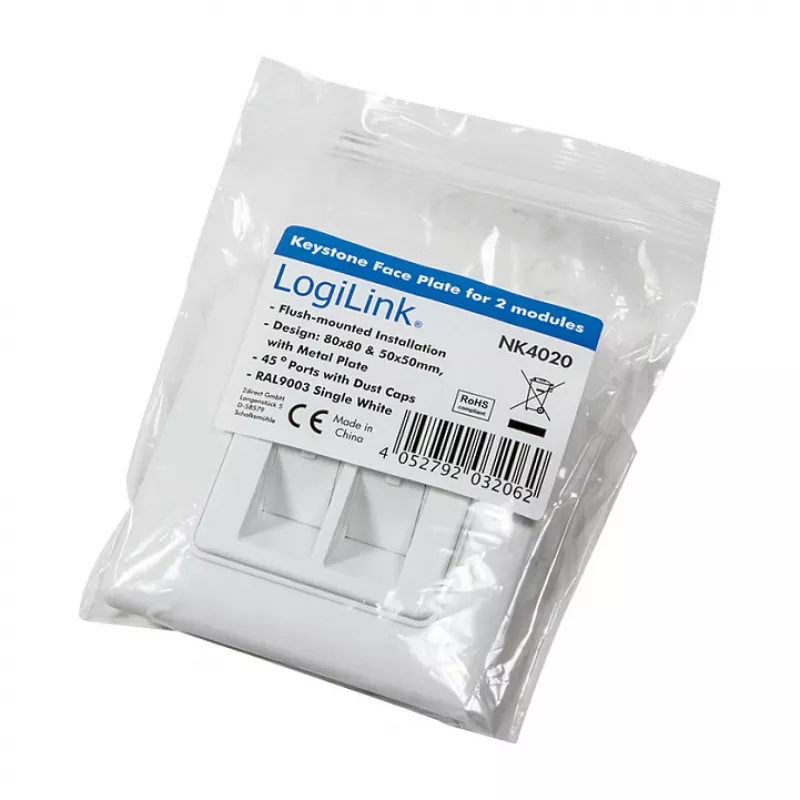 LogiLink NK4020 Płyta keystone podtynkowa, 2 moduły, biała sygnałowa