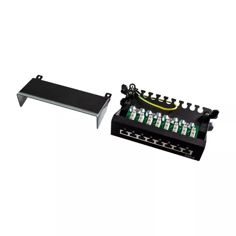 Panel krosowy LogiLink NP0017B – 8 portów Cat6 STP, do montażu na ścianie/pod blatem, czarny