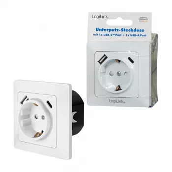 LOGILINK PA0253 Gniazdo ścienne z 1 gniazdem Schuko, 1 portem ładowania USB-A i 1 USB-C, 3.1A, biały