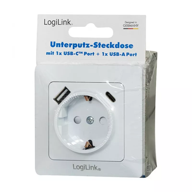 LOGILINK PA0253 Gniazdo ścienne z 1 gniazdem Schuko, 1 portem ładowania USB-A i 1 USB-C, 3.1A, biały