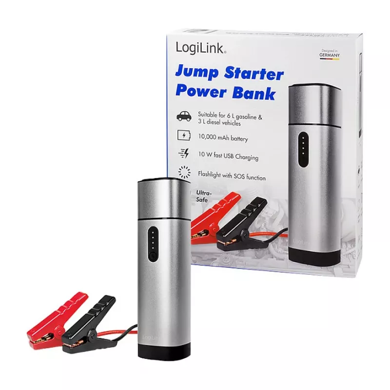 Logilink PA0266 Rozrusznik samochodowy i power bank, 10000 mAh, 12V/400A Peak, USB-C PD, latarka LED
