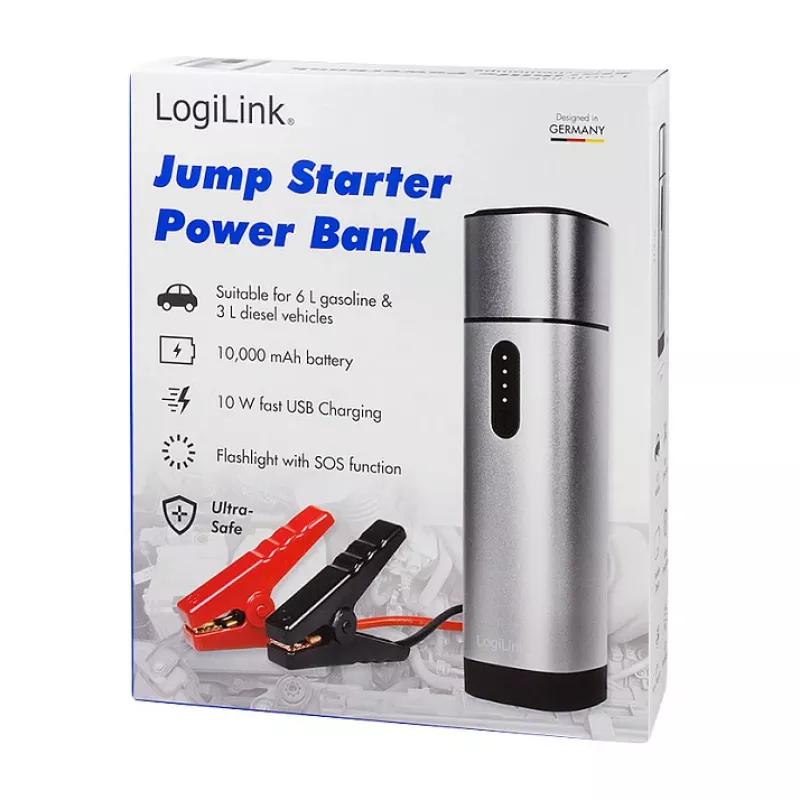 Logilink PA0266 Rozrusznik samochodowy i power bank, 10000 mAh, 12V/400A Peak, USB-C PD, latarka LED