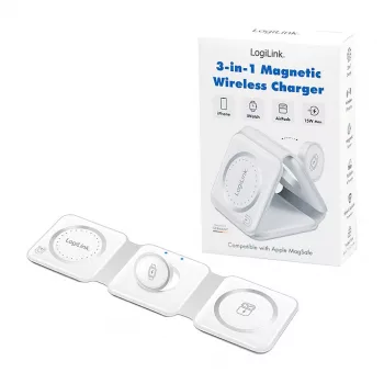 LOGILINK PA0344 Ładowarka bezprzewodowa magnetyczna 3-in-1 do urządzeń Apple, biała, składana, MagSafe, 15W