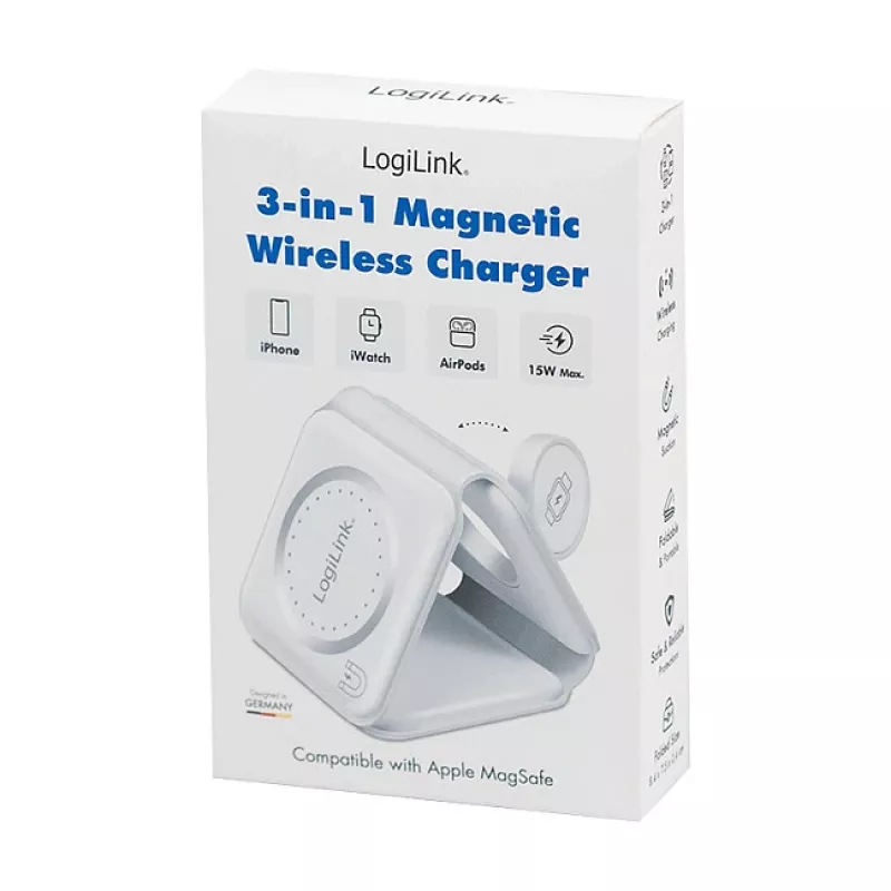 LOGILINK PA0344 Ładowarka bezprzewodowa magnetyczna 3-in-1 do urządzeń Apple, biała, składana, MagSafe, 15W
