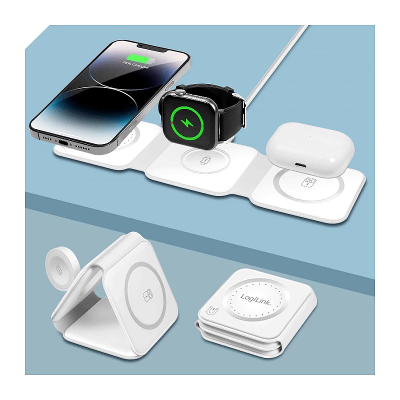 LOGILINK PA0344 Ładowarka bezprzewodowa magnetyczna 3-in-1 do urządzeń Apple, biała, składana, MagSafe, 15W