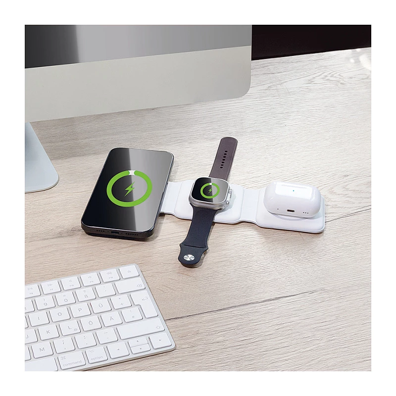 LOGILINK PA0344 Ładowarka bezprzewodowa magnetyczna 3-in-1 do urządzeń Apple, biała, składana, MagSafe, 15W