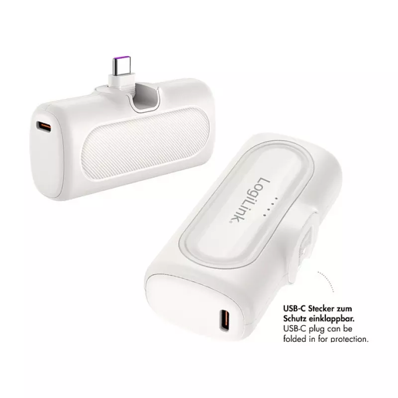LogiLink PA0349W Powerbank mobilny, 5000 mAh, LiPo, wbudowana składana wtyczka USB-C i port USB-C, biały