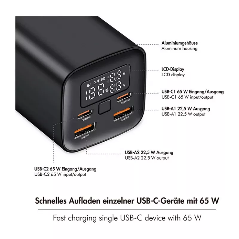 Logilink PA0350 Przenośna ładowarka 20 000 mAh, 65 W PD i QC 3.0, czarna