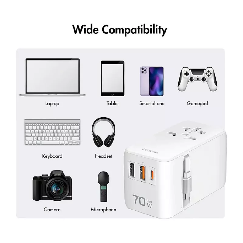 LOGILINK PA0357 Ładowarka podróżna USB-A/C, 70 W GaN, 4 porty, 2x USB-A (QC), 2x USB-C (PD), Slim, Biała