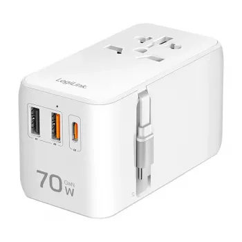 LOGILINK PA0357 Ładowarka podróżna USB-A/C, 70 W GaN, 4 porty, 2x USB-A (QC), 2x USB-C (PD), Slim, Biała