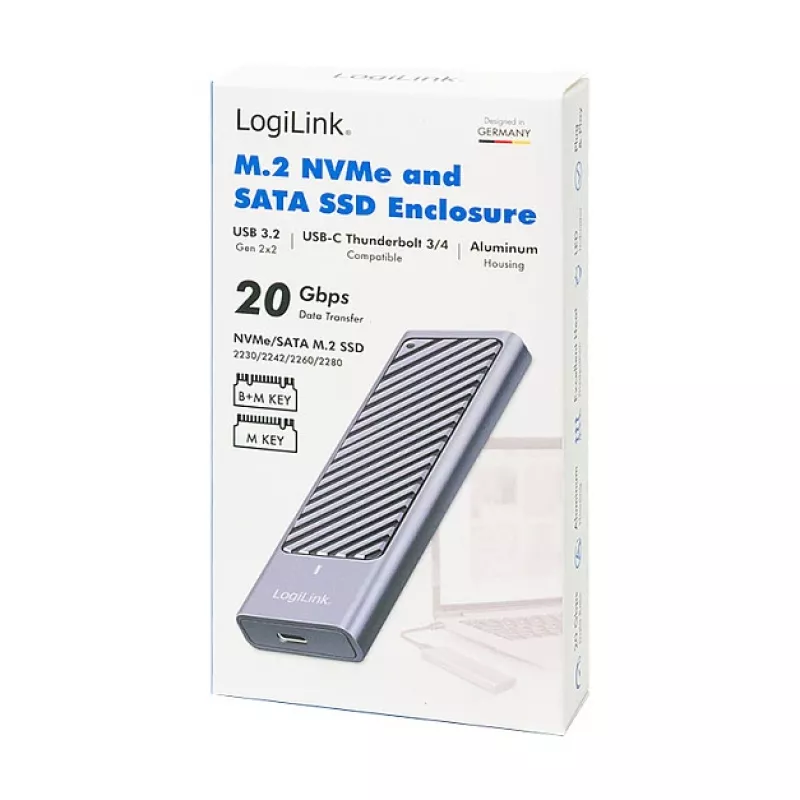 LogiLink UA0435 Obudowa na dysk SSD USB 3.2 Gen 2x2, M.2 NVMe/SATA, USB-C, 20 Gb/s, szara