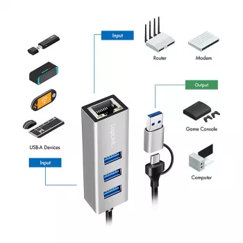 Logilink UA0440 Hub USB 3.2 Gen 1 z 3 portami i adapterem Gigabit Ethernet, złącza USB-C i USB-A, aluminiowy