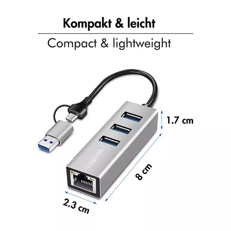 Logilink UA0440 Hub USB 3.2 Gen 1 z 3 portami i adapterem Gigabit Ethernet, złącza USB-C i USB-A, aluminiowy