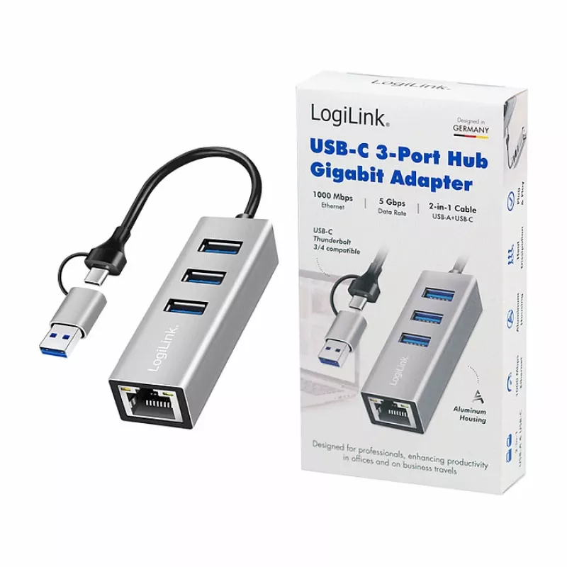 Logilink UA0440 Hub USB 3.2 Gen 1 z 3 portami i adapterem Gigabit Ethernet, złącza USB-C i USB-A, aluminiowy