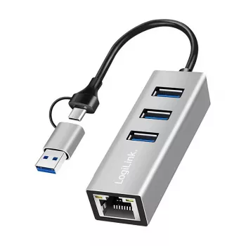 Logilink UA0440 Hub USB 3.2 Gen 1 z 3 portami i adapterem Gigabit Ethernet, złącza USB-C i USB-A, aluminiowy