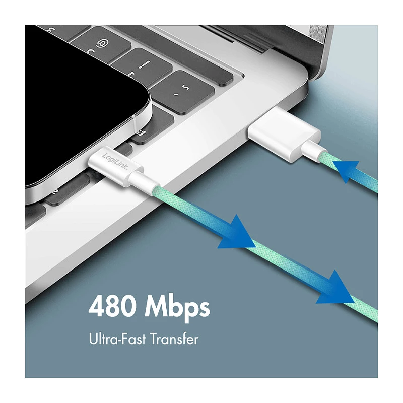 LogiLink Kabel USB 2.0 Type-C, A/M na C/M, 480 Mbps, 60W, nylon, zielony, 0.5 m