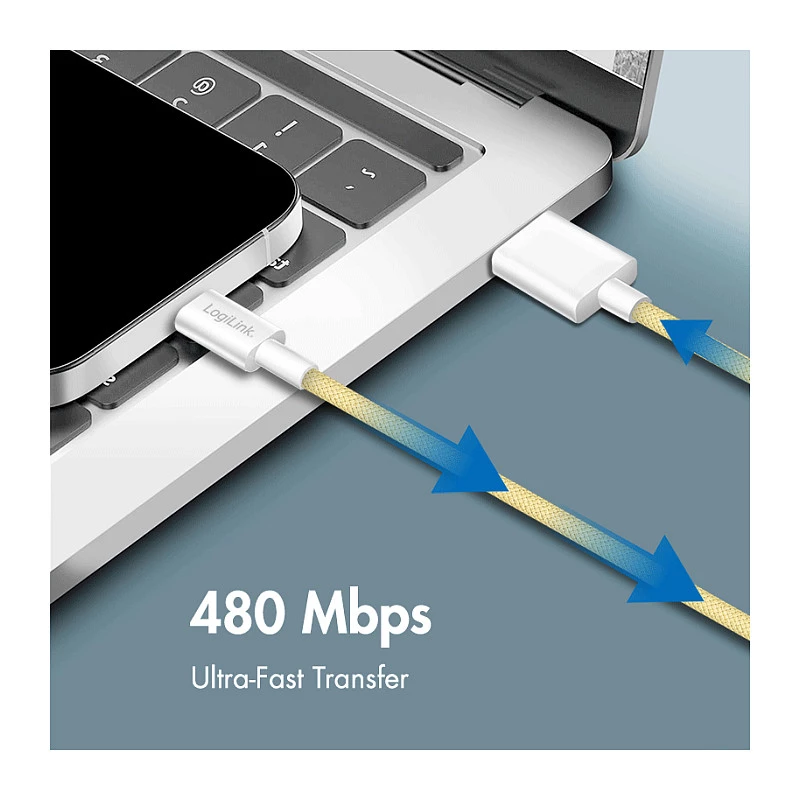 LogiLink USB 2.0 Kabel Type-C, A/M do C/M, 480 Mbps, 60W, Nylon, Żółty, 0,5 m