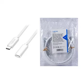 LOGILINK USB 2.0 Type-C Kabel przedłużający – USB-C męski na żeński, 480 Mbps, Power Delivery 100W, biały, 1m